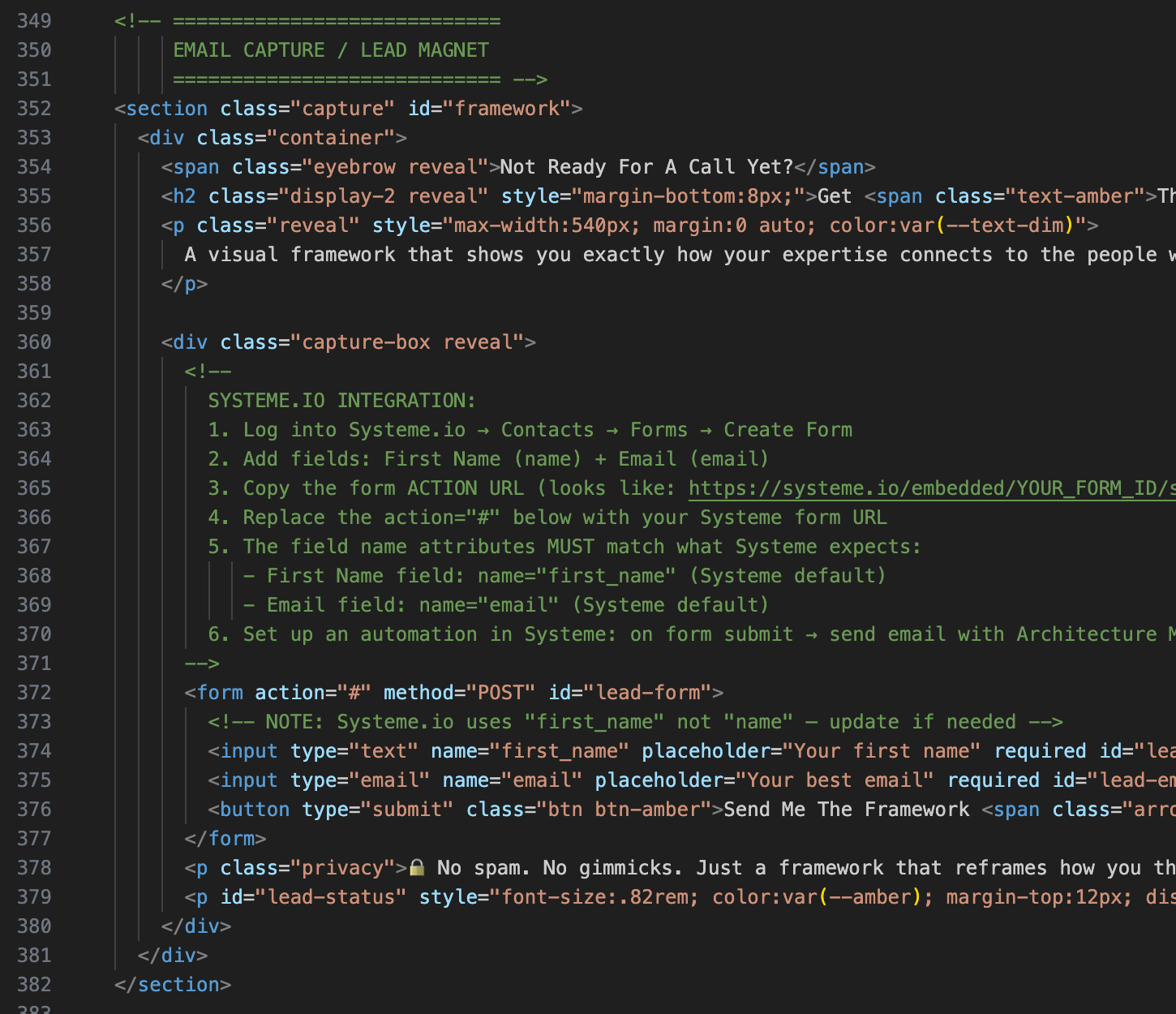 Hand-coded lead capture form with custom styling